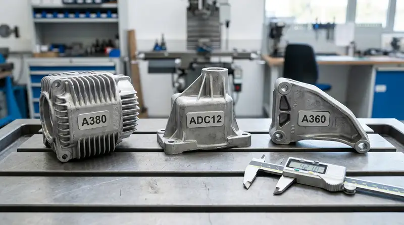 Aluminum alloy comparison for custom die casting services showing A380 ADC12 and A360 parts