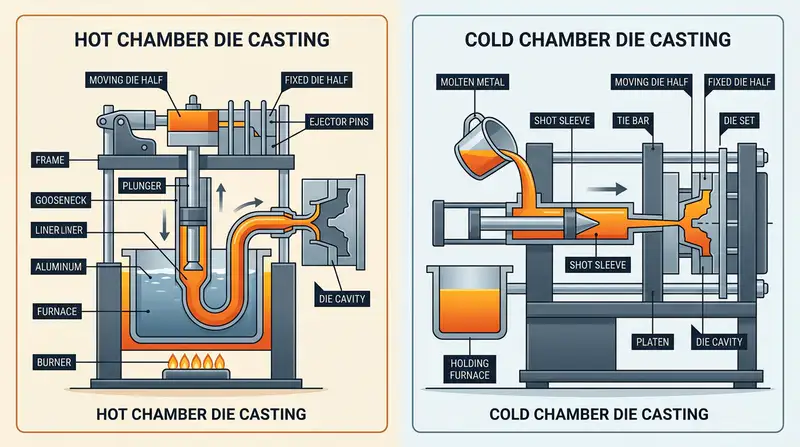 Hot chamber vs cold chamber custom die casting methods comparison diagram
