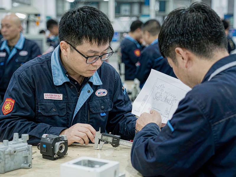 Die casting engineers reviewing a part drawing and process selection sheet at a plant desk