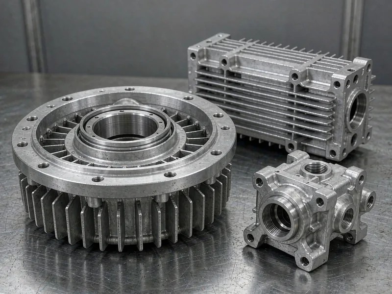Group of aluminum die castings including motor end cover, LED housing and valve body on a workbench
