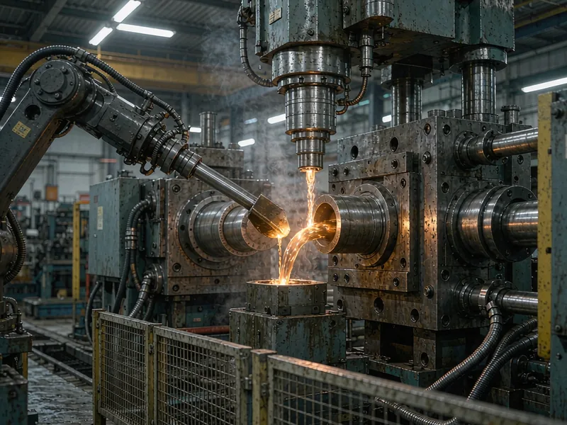 Robot ladle pouring molten aluminum into the shot sleeve of a cold chamber die casting machine