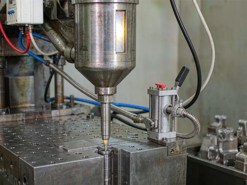 Hot chamber die casting machine gooseneck and nozzle pressed against a zinc die with small zinc castings nearby