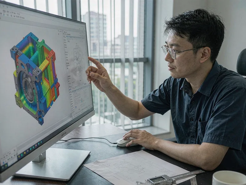Engineer reviewing draft angle analysis on a die casting model in CAD