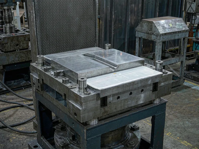 Two die casting mold halves with a flat parting line on a die spotting press