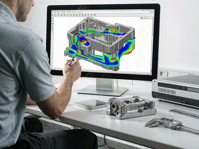 Engineer reviewing cavity fill simulation results for a die casting gate design