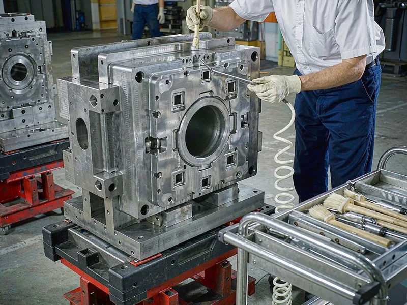 Technician cleaning vent slots in a die casting die during maintenance