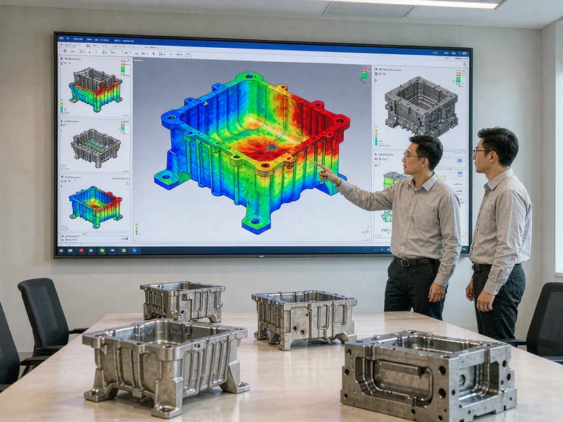 Design team reviewing die casting simulation results in a DFM meeting