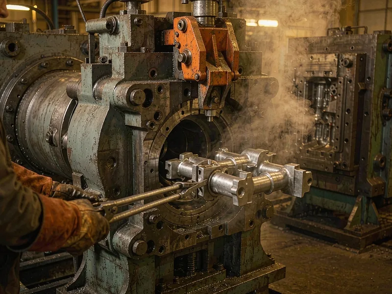 Operator removing a freshly ejected aluminum die casting with runner and overflows at the machine