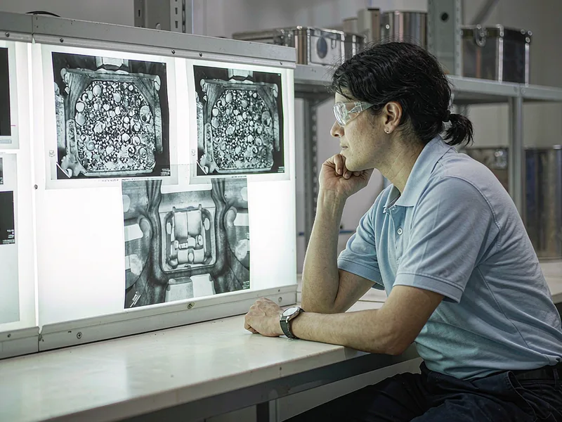 Technician reviewing X-ray images of aluminum die castings for internal porosity
