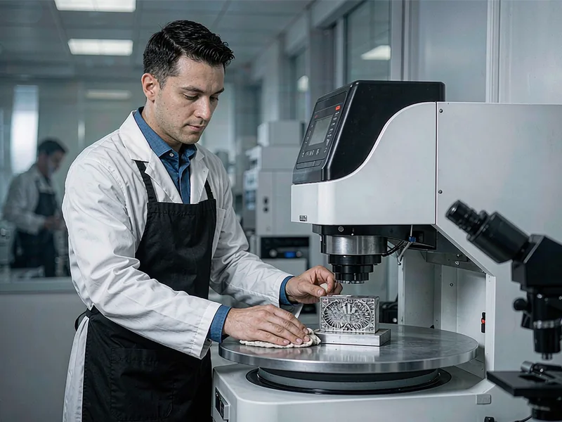 Engineer sectioning and polishing a die casting sample for metallographic inspection