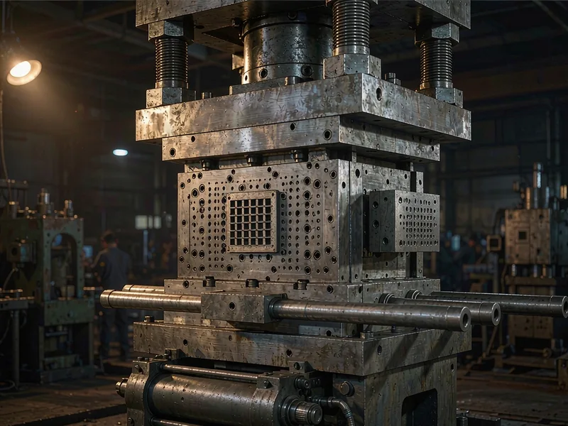 Large high pressure die casting machine cell in a foundry with robot arm and control panel