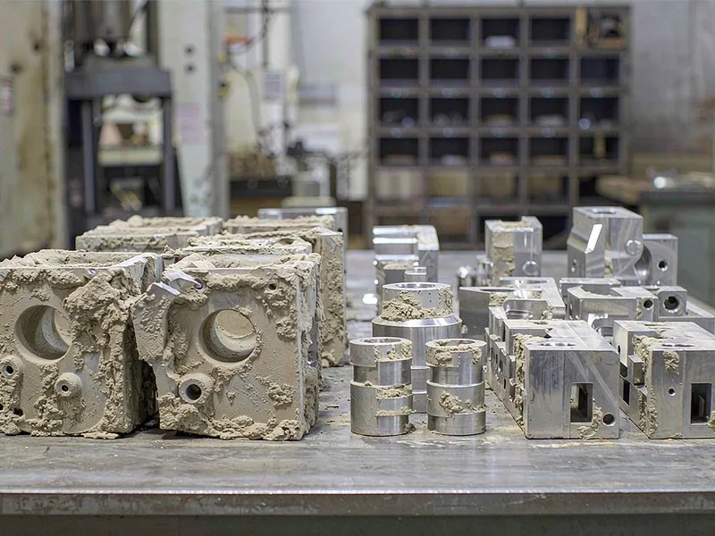 Sand cast aluminum parts beside die cast aluminum parts