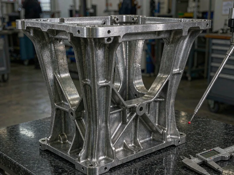 Thin-wall structural aluminum die casting with ribs and mounting bosses on a granite inspection table