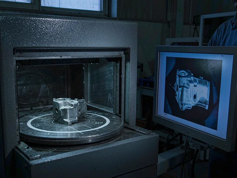 Cabinet X-ray machine inspecting an aluminum die casting with a radiograph displayed on the monitor