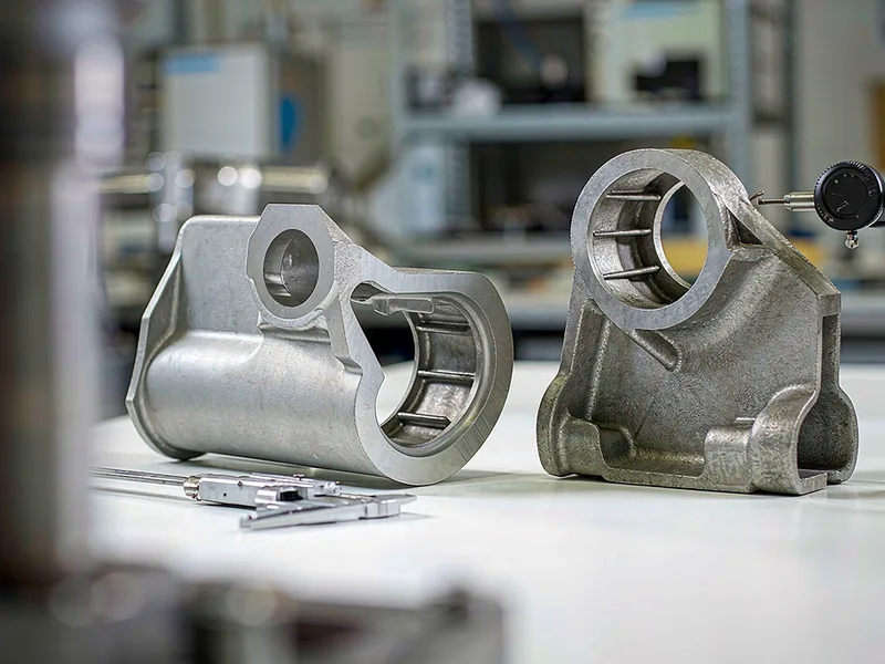 Permanent mold casting and die casting parts side by side on an inspection table