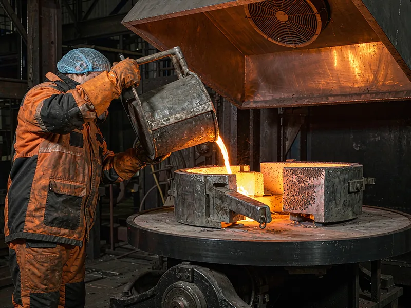 Operator pouring molten aluminum into a permanent mold on a foundry floor