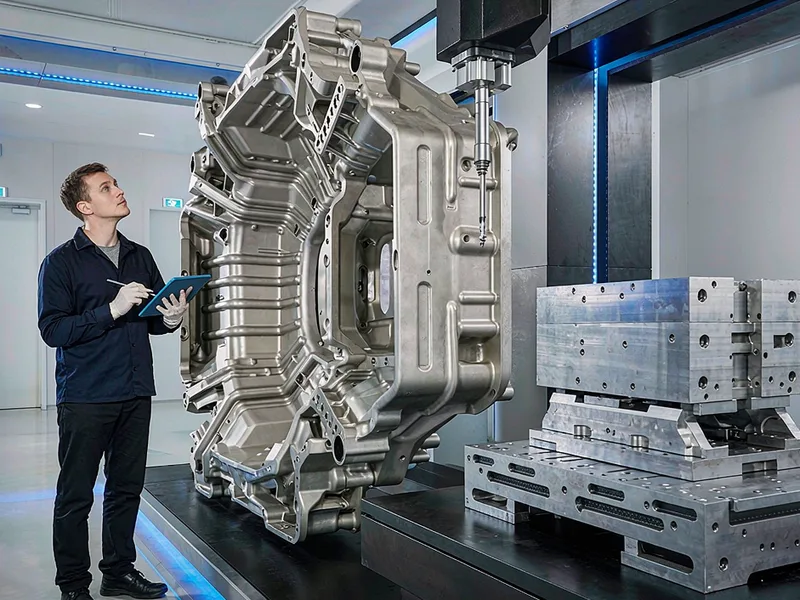 Engineer inspecting a large one-piece aluminum body-in-white casting with a coordinate measuring machine