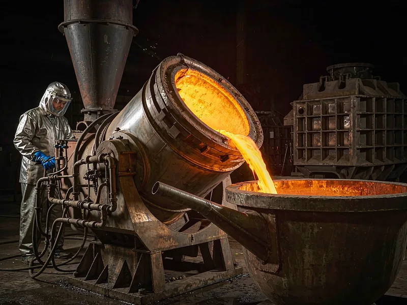 Furnace pouring molten aluminum for structural casting alloy in a foundry melt shop