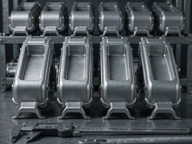 Finished ADC12 aluminum die cast housings on a factory inspection table