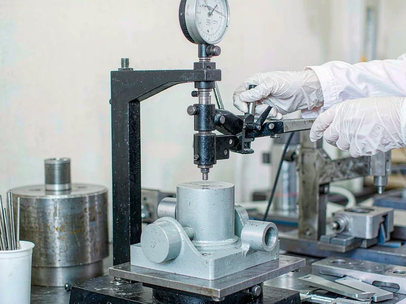 Engineer measuring Brinell hardness on an aluminum die casting test coupon