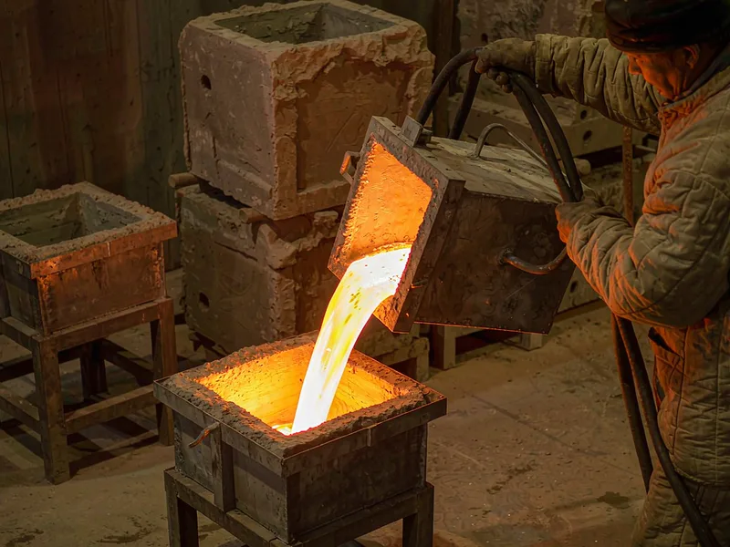 Worker pouring molten aluminum into a gravity casting mold