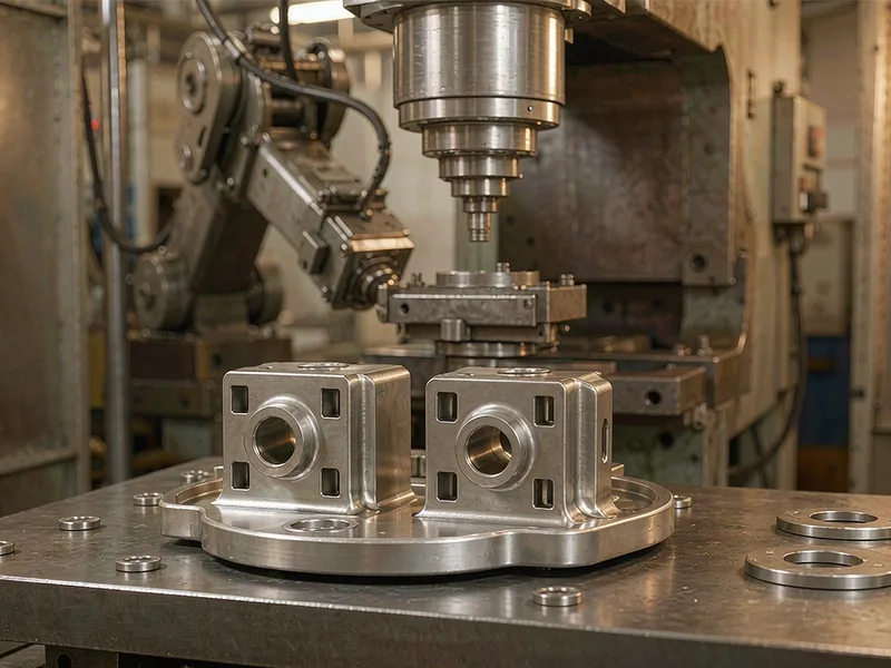 Freshly cast aluminum castings resting on a steel inspection table