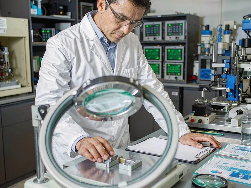 Engineer comparing two aluminum alloy samples under a magnifier