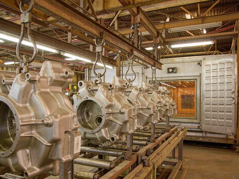 Aluminum die castings hanging on a conveyor before a powder coating curing oven