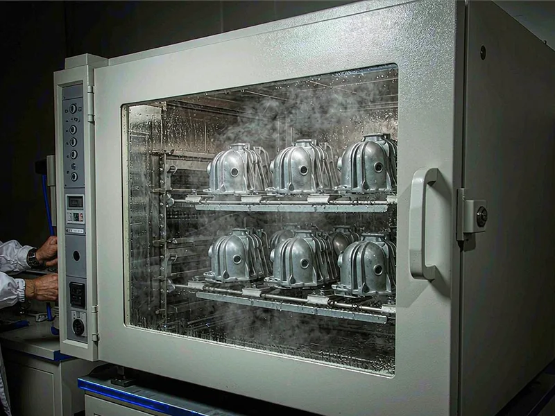 Aluminum castings mounted inside a laboratory salt spray test chamber